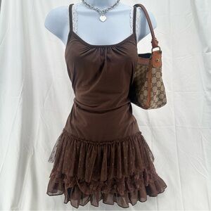 Y2K Brown Cami Ruffle Dress With Polka Dot and Floral Lace